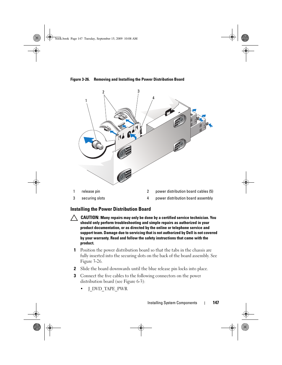 Installing the power distribution board | Dell PowerEdge T610 User Manual | Page 147 / 206