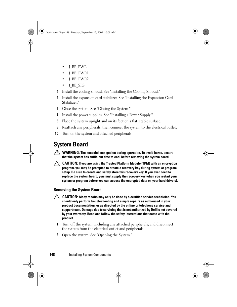 System board, Removing the system board | Dell PowerEdge T610 User Manual | Page 148 / 206