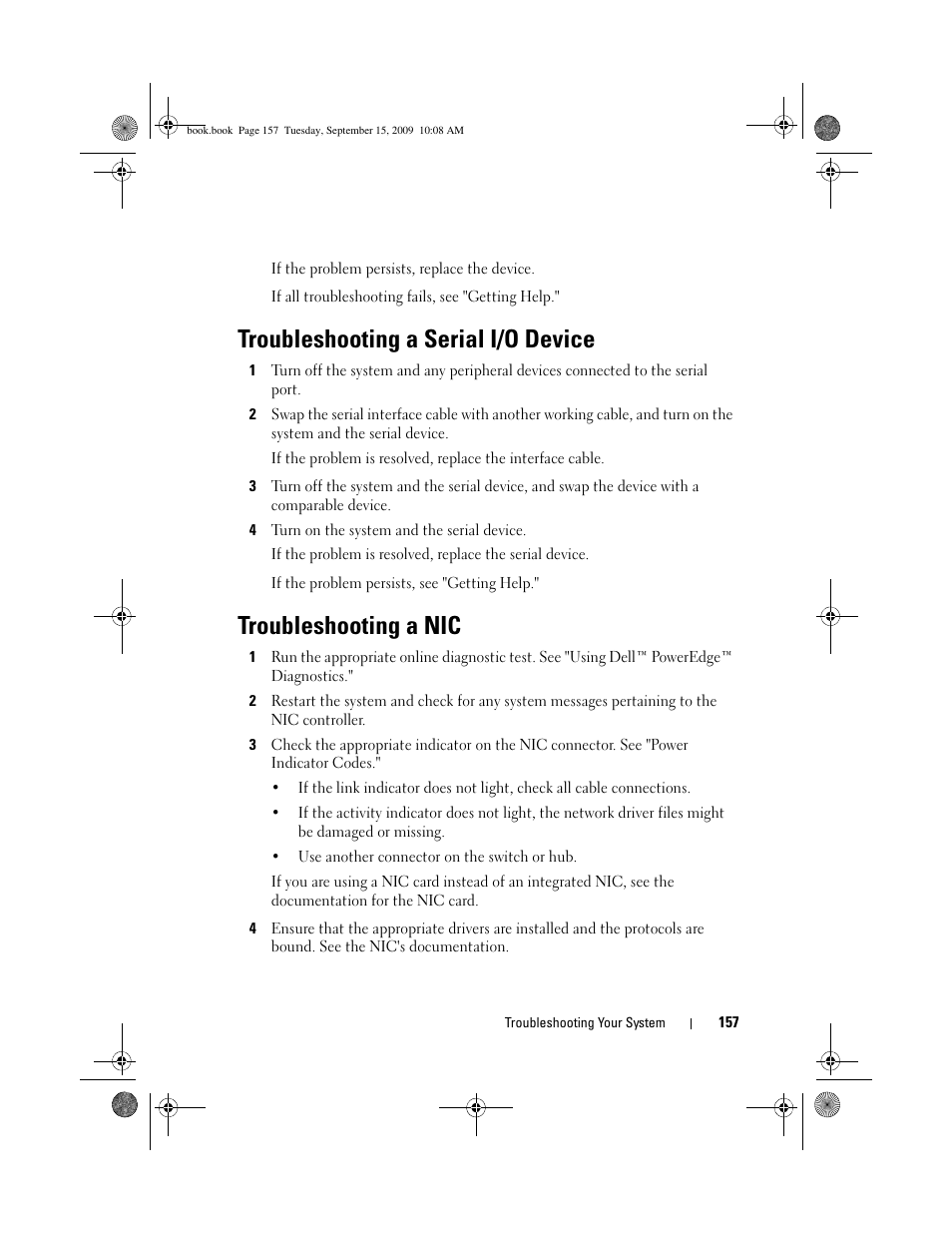 Troubleshooting a serial i/o device, Troubleshooting a nic | Dell PowerEdge T610 User Manual | Page 157 / 206