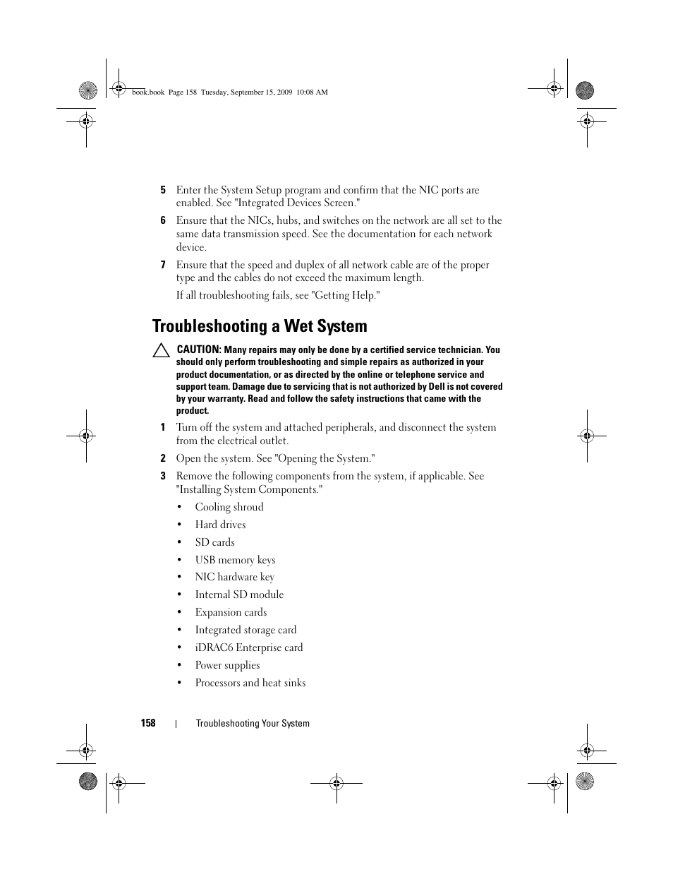 Troubleshooting a wet system | Dell PowerEdge T610 User Manual | Page 158 / 206