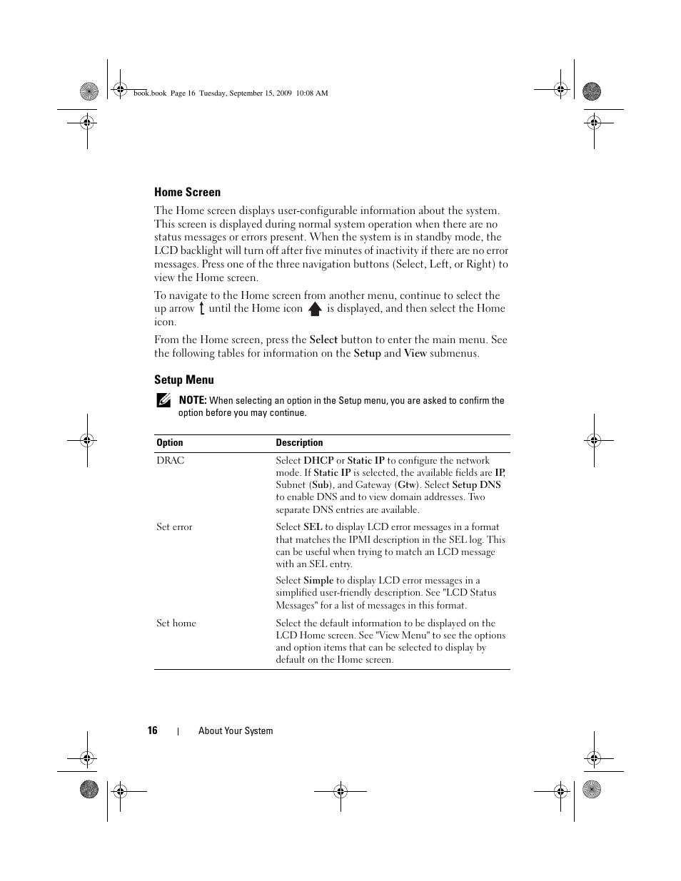 Home screen, Setup menu | Dell PowerEdge T610 User Manual | Page 16 / 206