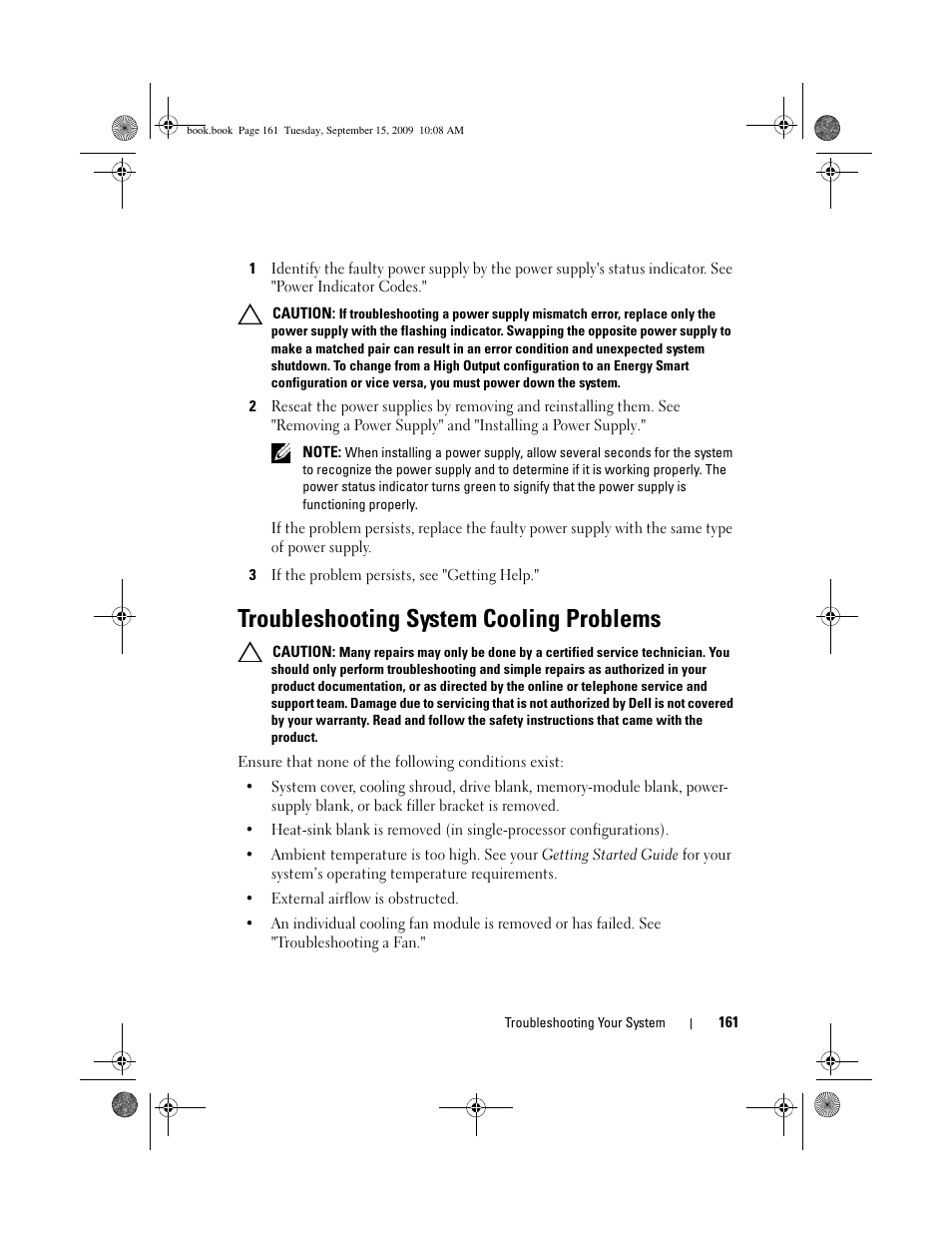 Troubleshooting system cooling problems, See "troubleshooting system cooling problems | Dell PowerEdge T610 User Manual | Page 161 / 206
