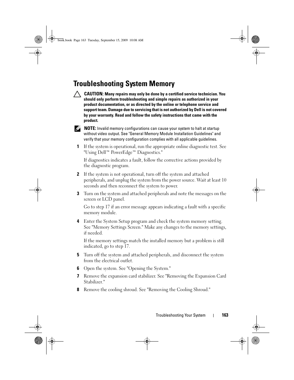 Troubleshooting system memory, See "troubleshooting system memory, See "troubleshooting system memory." if the | Dell PowerEdge T610 User Manual | Page 163 / 206