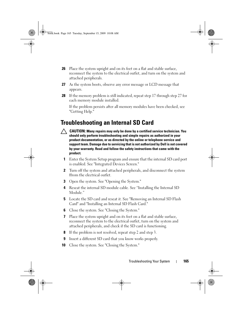 Troubleshooting an internal sd card, Roubleshooting an internal sd card | Dell PowerEdge T610 User Manual | Page 165 / 206