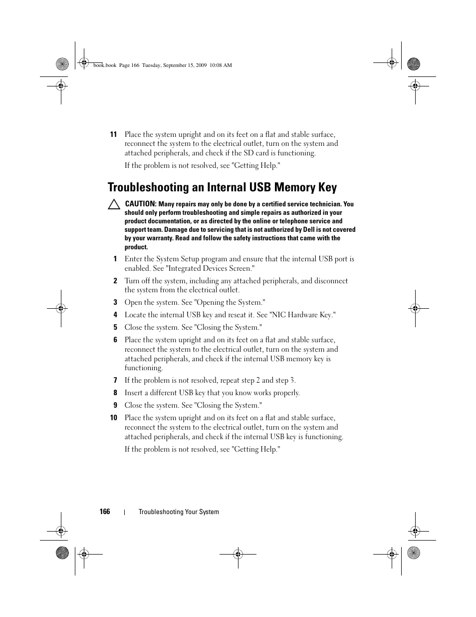 Troubleshooting an internal usb memory key | Dell PowerEdge T610 User Manual | Page 166 / 206