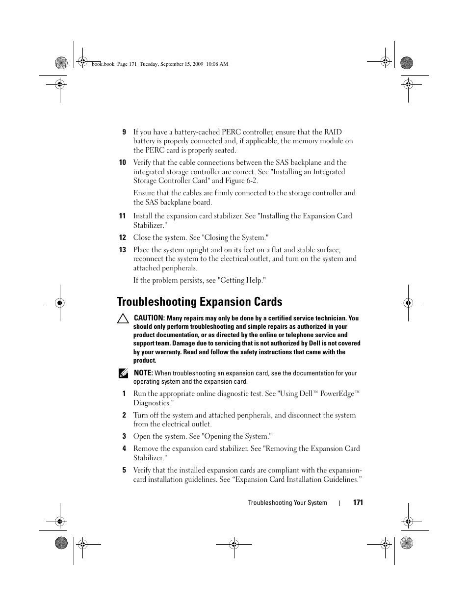 Troubleshooting expansion cards, Troubleshooting expansion cards." if the problem | Dell PowerEdge T610 User Manual | Page 171 / 206