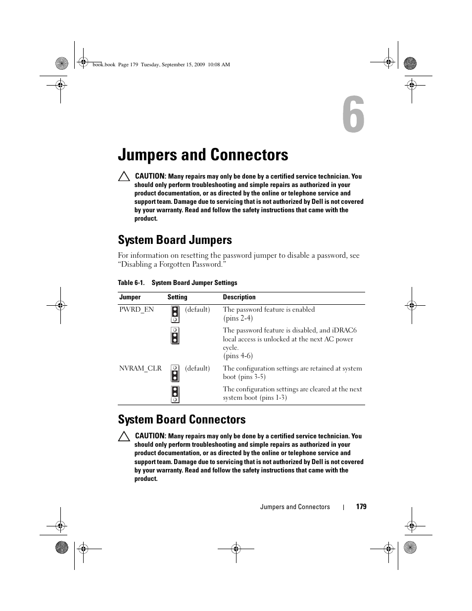 Jumpers and connectors, System board jumpers, System board connectors | Dell PowerEdge T610 User Manual | Page 179 / 206