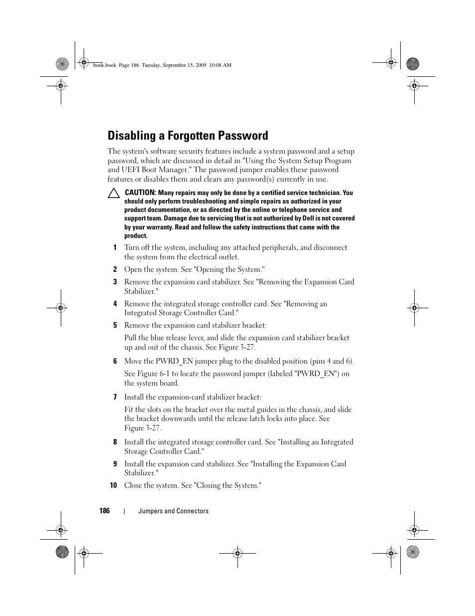 Disabling a forgotten password | Dell PowerEdge T610 User Manual | Page 186 / 206