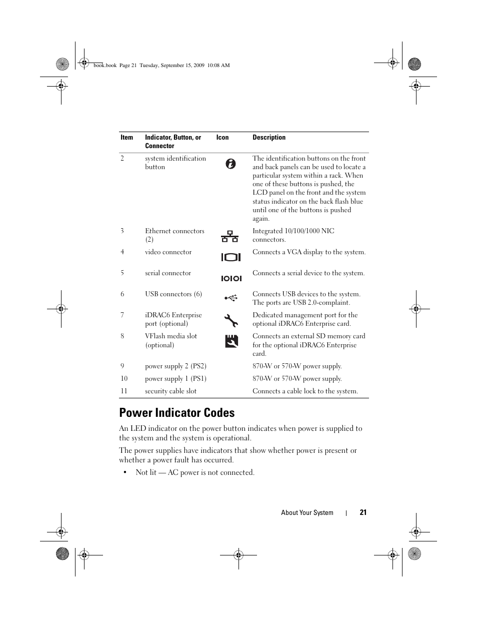 Power indicator codes | Dell PowerEdge T610 User Manual | Page 21 / 206