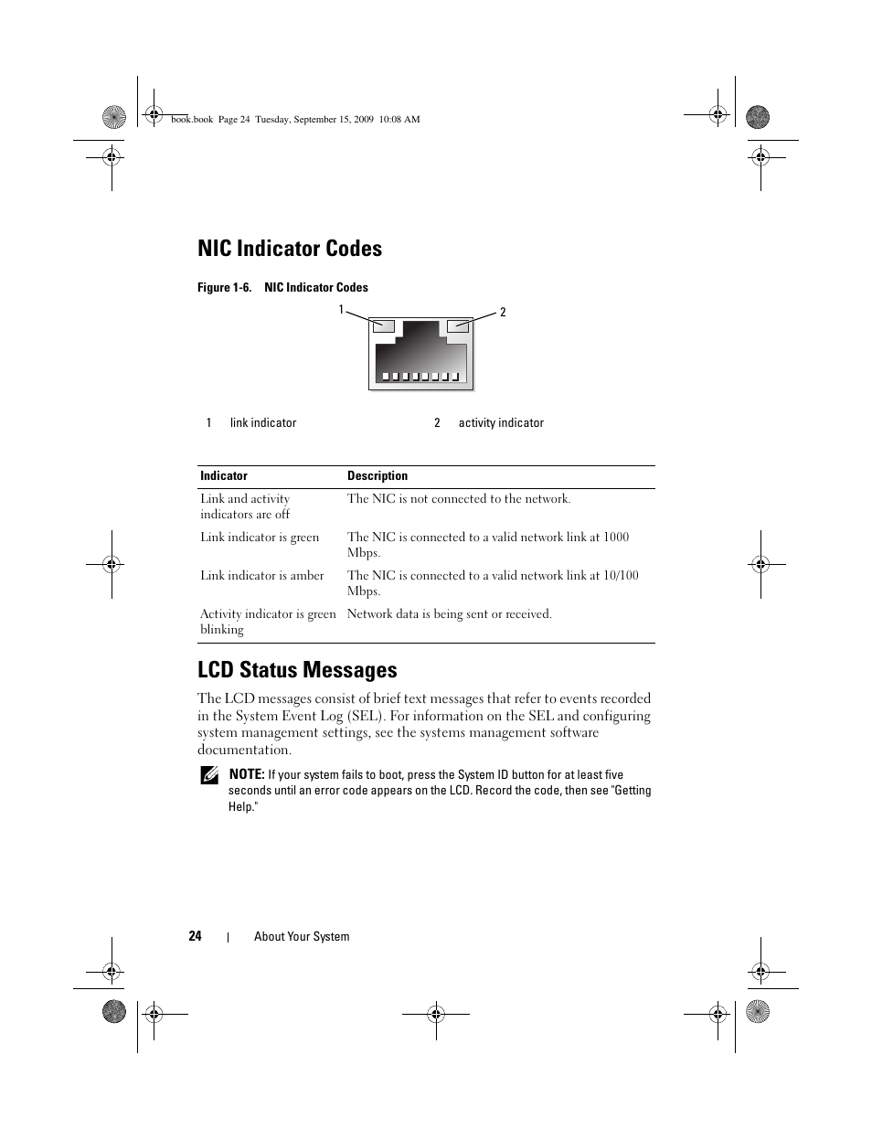 Nic indicator codes, Lcd status messages | Dell PowerEdge T610 User Manual | Page 24 / 206