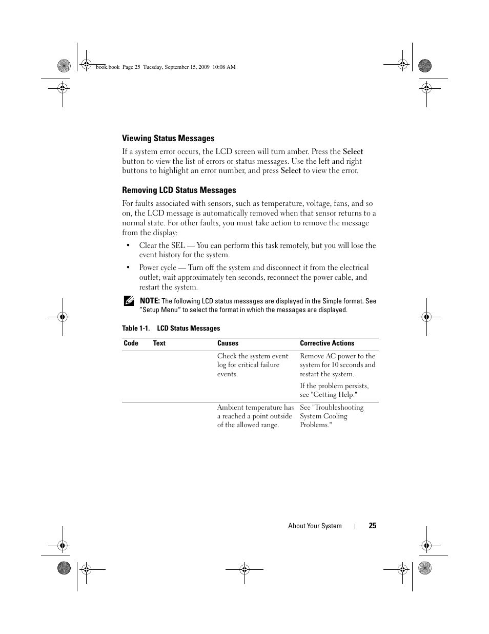 Viewing status messages, Removing lcd status messages | Dell PowerEdge T610 User Manual | Page 25 / 206