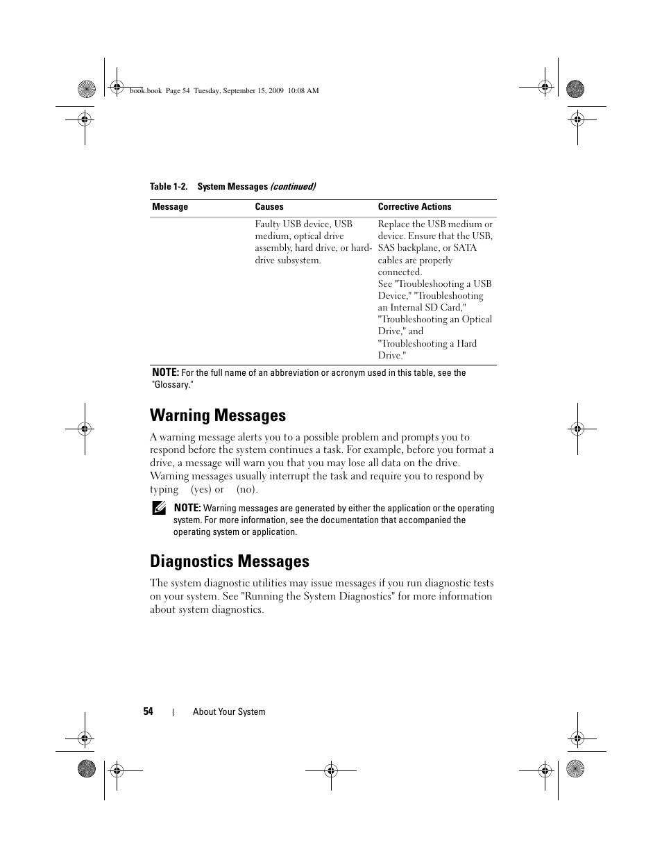 Warning messages, Diagnostics messages | Dell PowerEdge T610 User Manual | Page 54 / 206