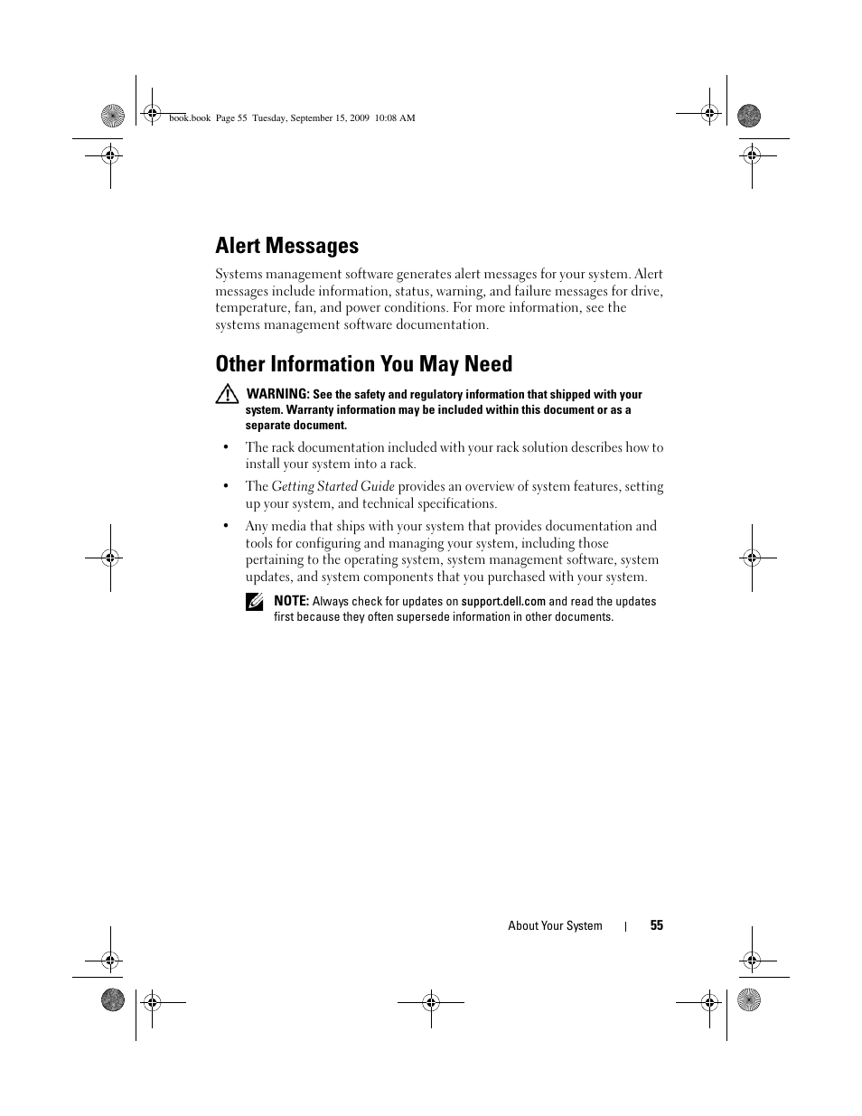 Alert messages, Other information you may need | Dell PowerEdge T610 User Manual | Page 55 / 206