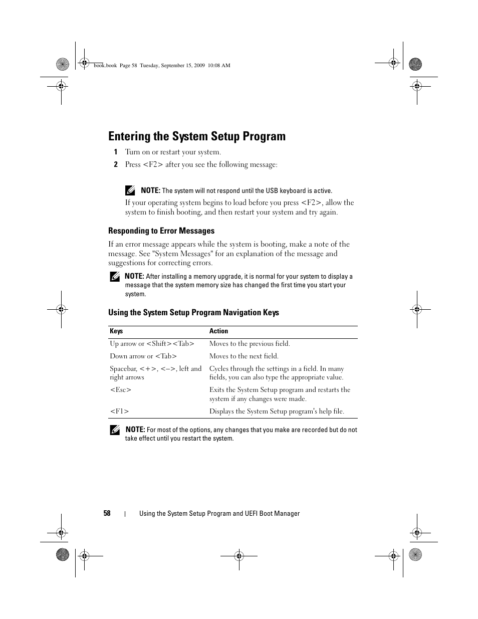 Entering the system setup program, Responding to error messages, Using the system setup program navigation keys | Dell PowerEdge T610 User Manual | Page 58 / 206