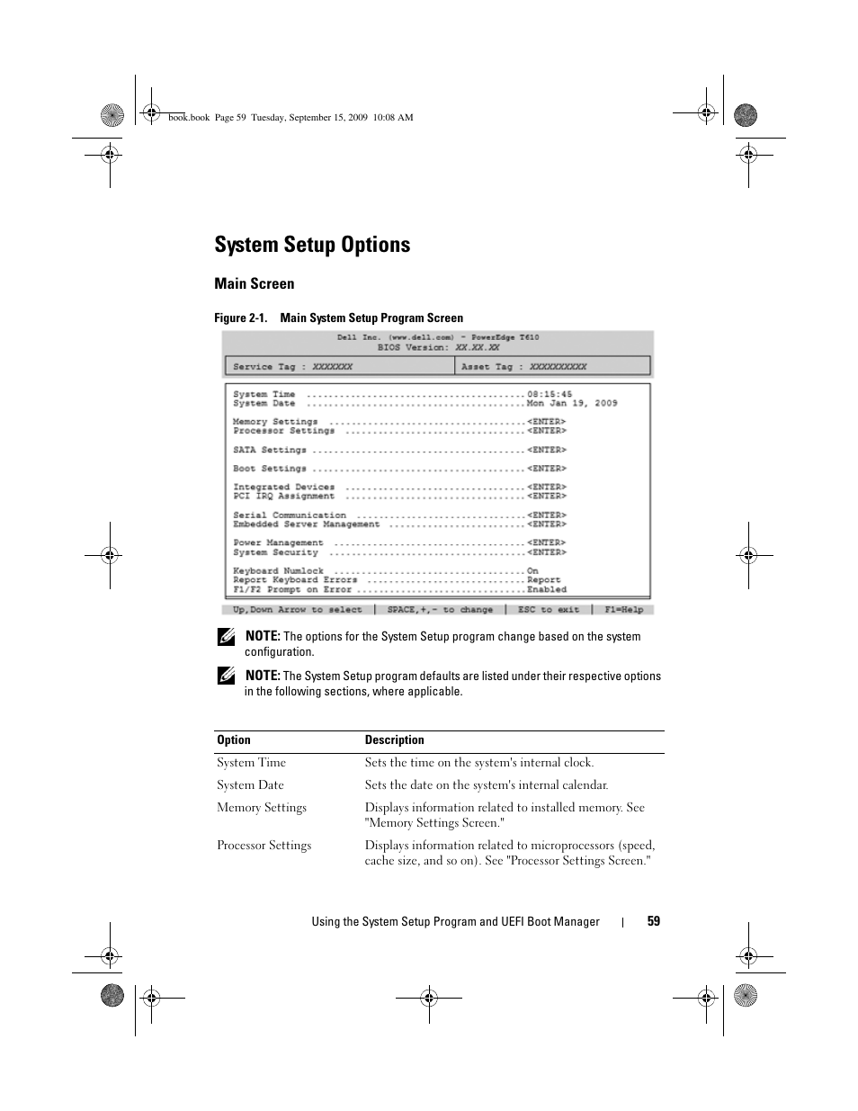 System setup options, Main screen | Dell PowerEdge T610 User Manual | Page 59 / 206