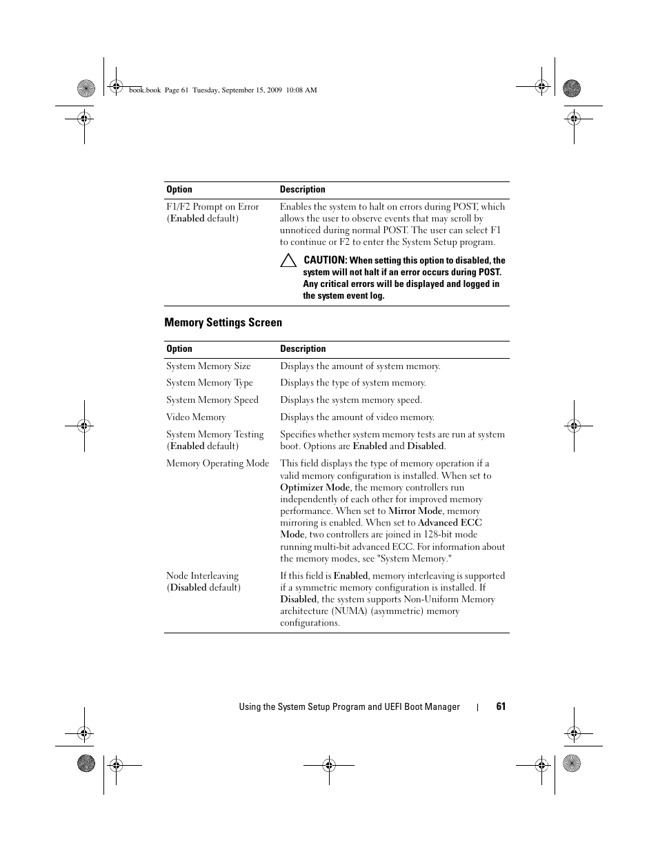 Memory settings screen | Dell PowerEdge T610 User Manual | Page 61 / 206