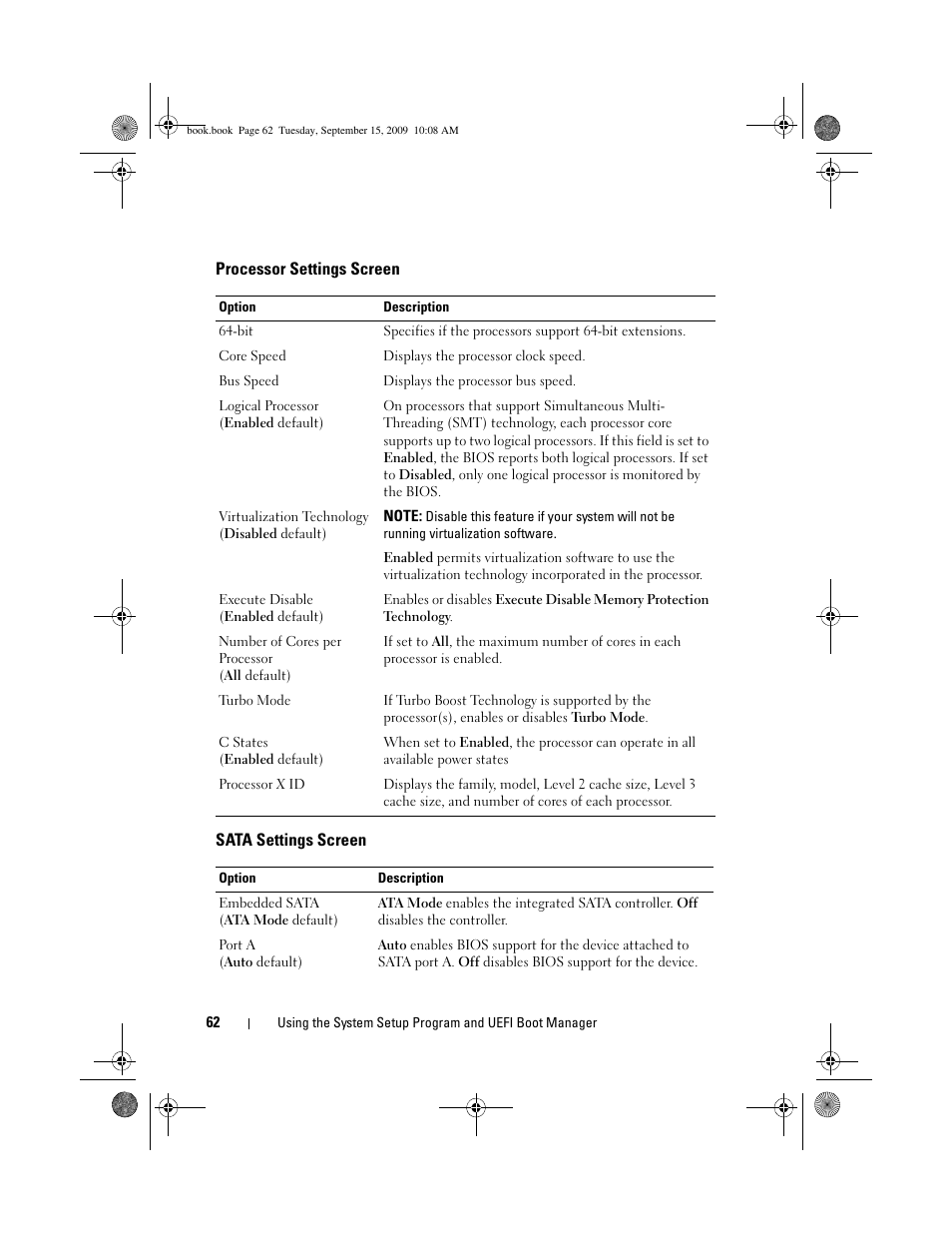 Processor settings screen, Sata settings screen, See "sata settings screen | Dell PowerEdge T610 User Manual | Page 62 / 206