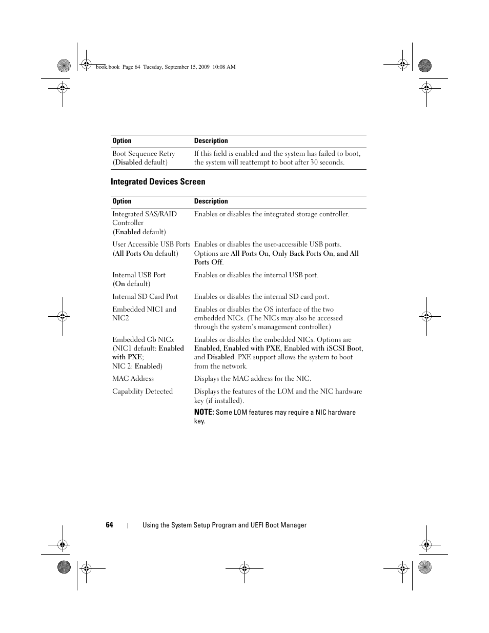 Integrated devices screen, Options. see "integrated devices screen | Dell PowerEdge T610 User Manual | Page 64 / 206