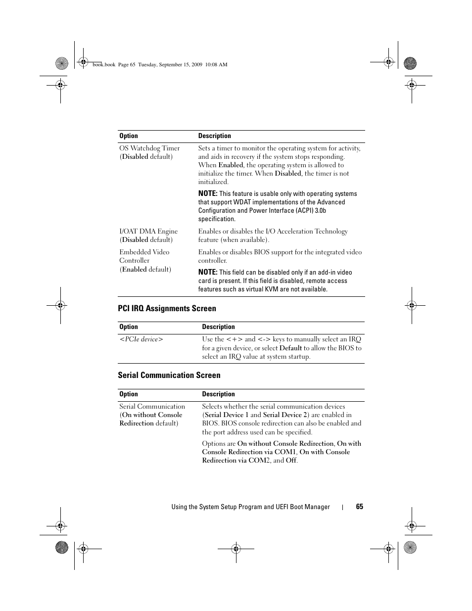 Pci irq assignments screen, Serial communication screen, Es an irq. see "pci irq assignments screen | Es and options. see "serial communication screen | Dell PowerEdge T610 User Manual | Page 65 / 206