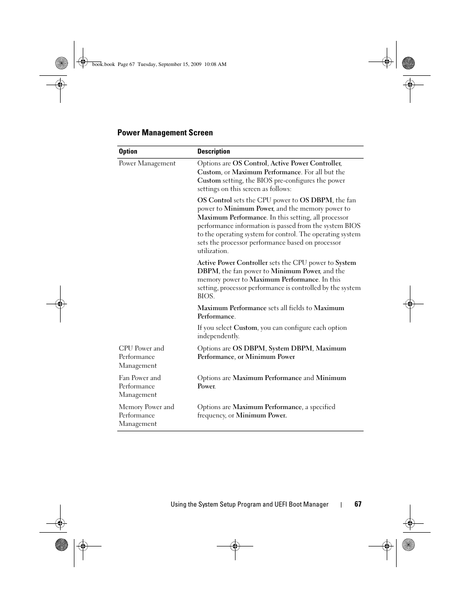 Power management screen, Customized settings. see "power management screen | Dell PowerEdge T610 User Manual | Page 67 / 206