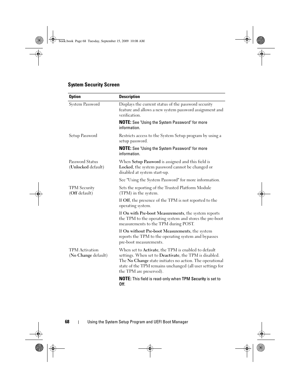 System security screen, Es. see "system security screen | Dell PowerEdge T610 User Manual | Page 68 / 206