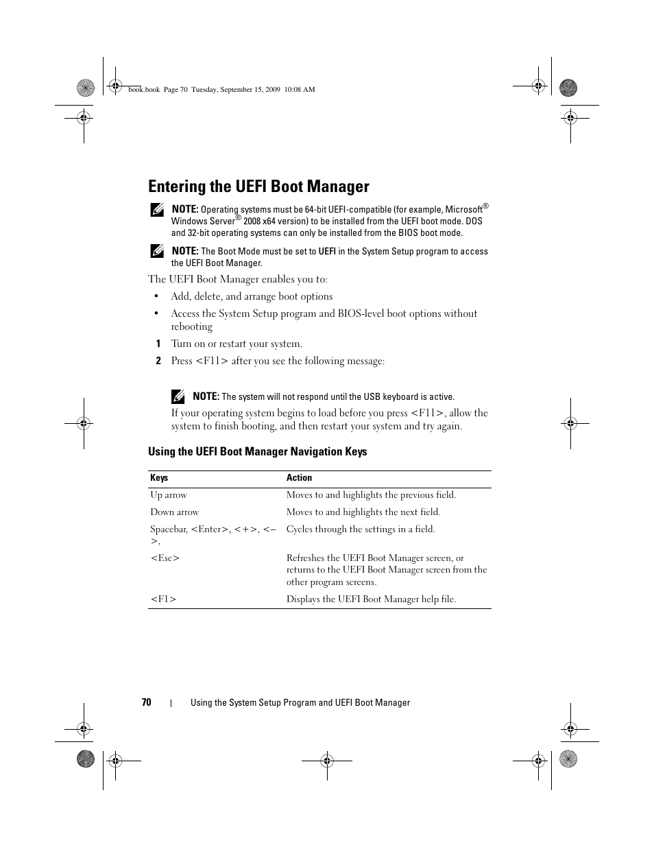 Entering the uefi boot manager, Using the uefi boot manager navigation keys | Dell PowerEdge T610 User Manual | Page 70 / 206
