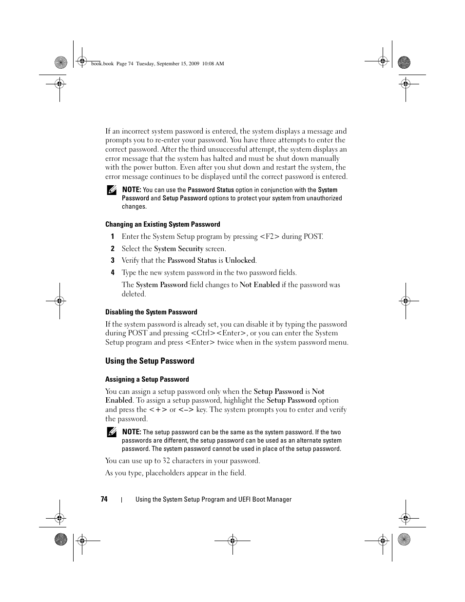 Using the setup password, And "using the setup password" for mor | Dell PowerEdge T610 User Manual | Page 74 / 206