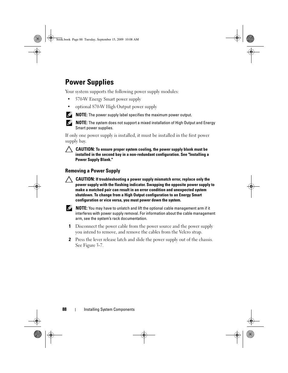 Power supplies, Removing a power supply | Dell PowerEdge T610 User Manual | Page 88 / 206