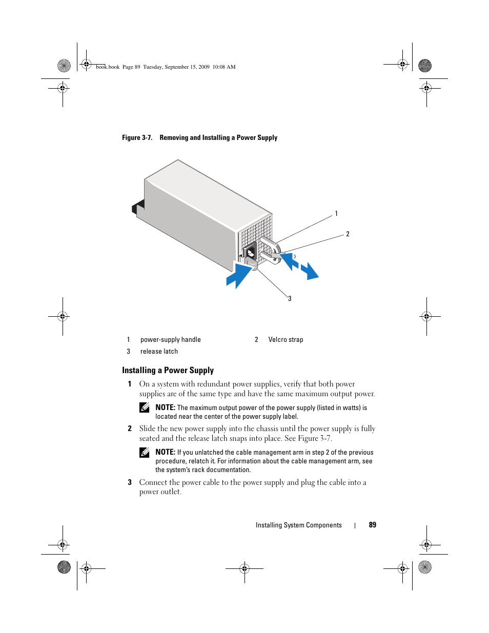 Installing a power supply | Dell PowerEdge T610 User Manual | Page 89 / 206