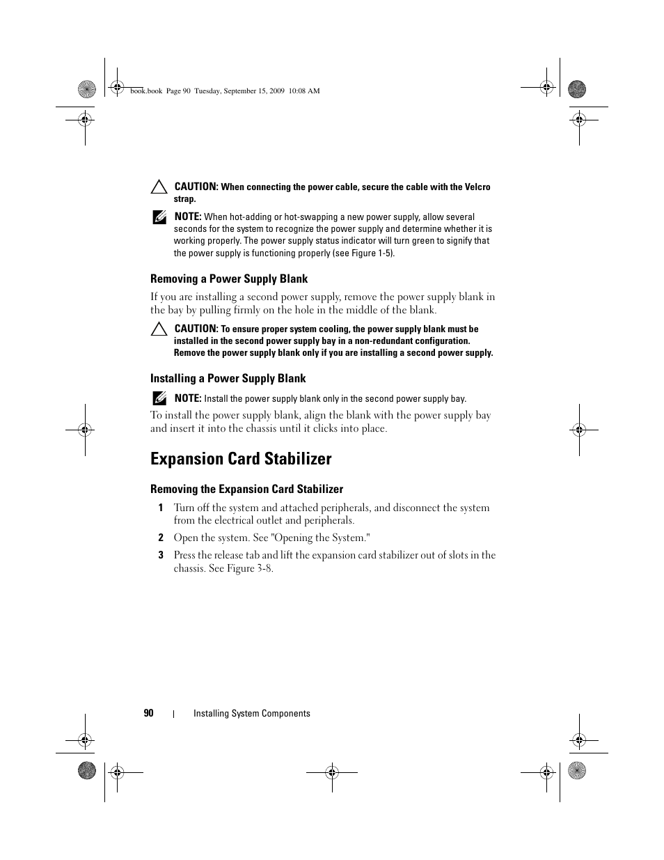 Removing a power supply blank, Installing a power supply blank, Expansion card stabilizer | Removing the expansion card stabilizer | Dell PowerEdge T610 User Manual | Page 90 / 206