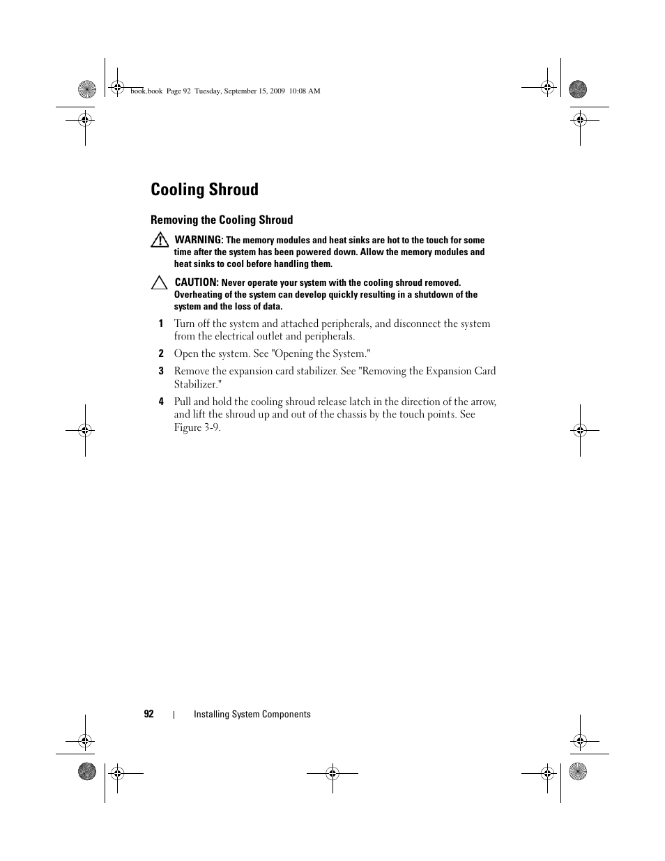 Cooling shroud, Removing the cooling shroud | Dell PowerEdge T610 User Manual | Page 92 / 206