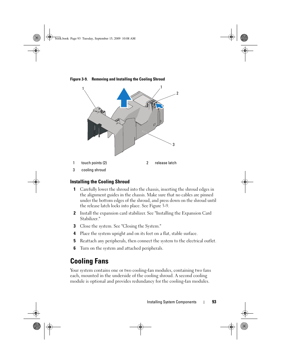Installing the cooling shroud, Cooling fans | Dell PowerEdge T610 User Manual | Page 93 / 206