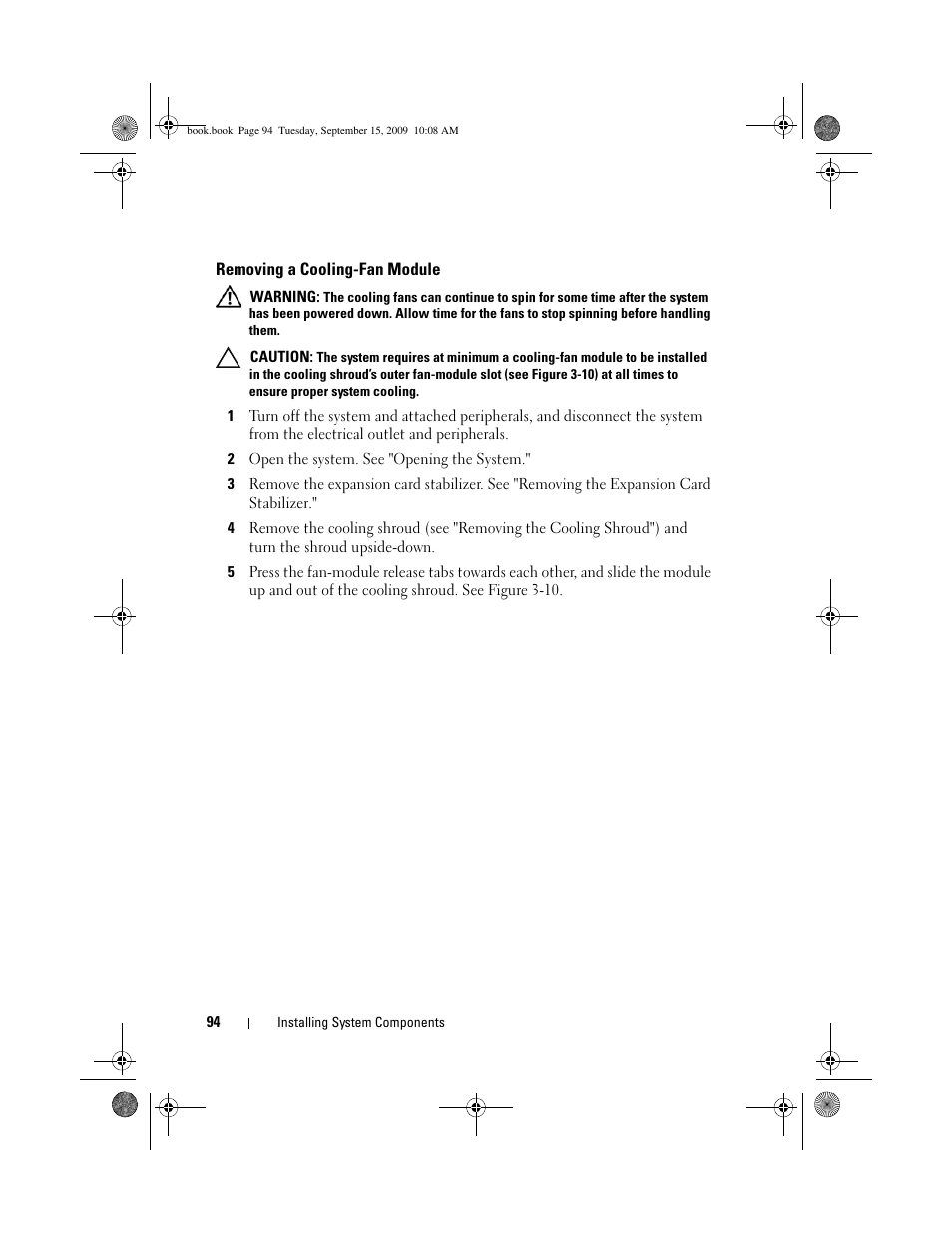 Removing a cooling-fan module | Dell PowerEdge T610 User Manual | Page 94 / 206