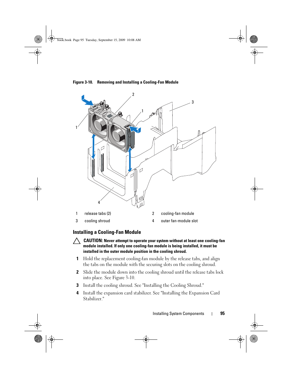 Installing a cooling-fan module | Dell PowerEdge T610 User Manual | Page 95 / 206