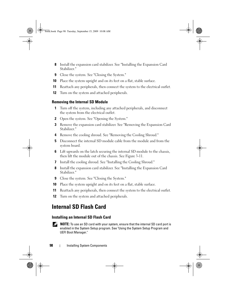 Removing the internal sd module, Internal sd flash card, Installing an internal sd flash card | Dell PowerEdge T610 User Manual | Page 98 / 206