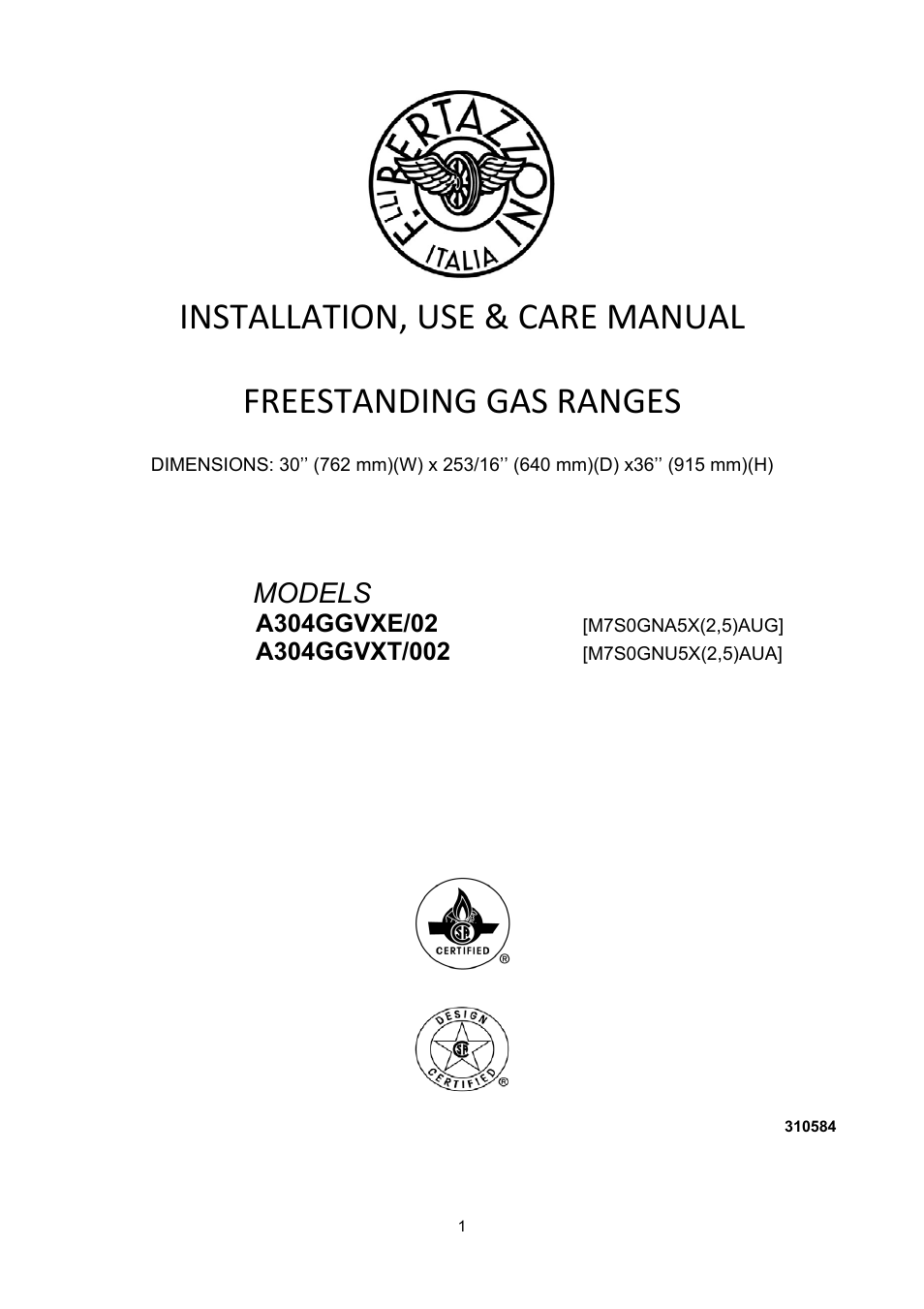 Bertazzoni A304GGVXT/002 User Manual | 46 pages