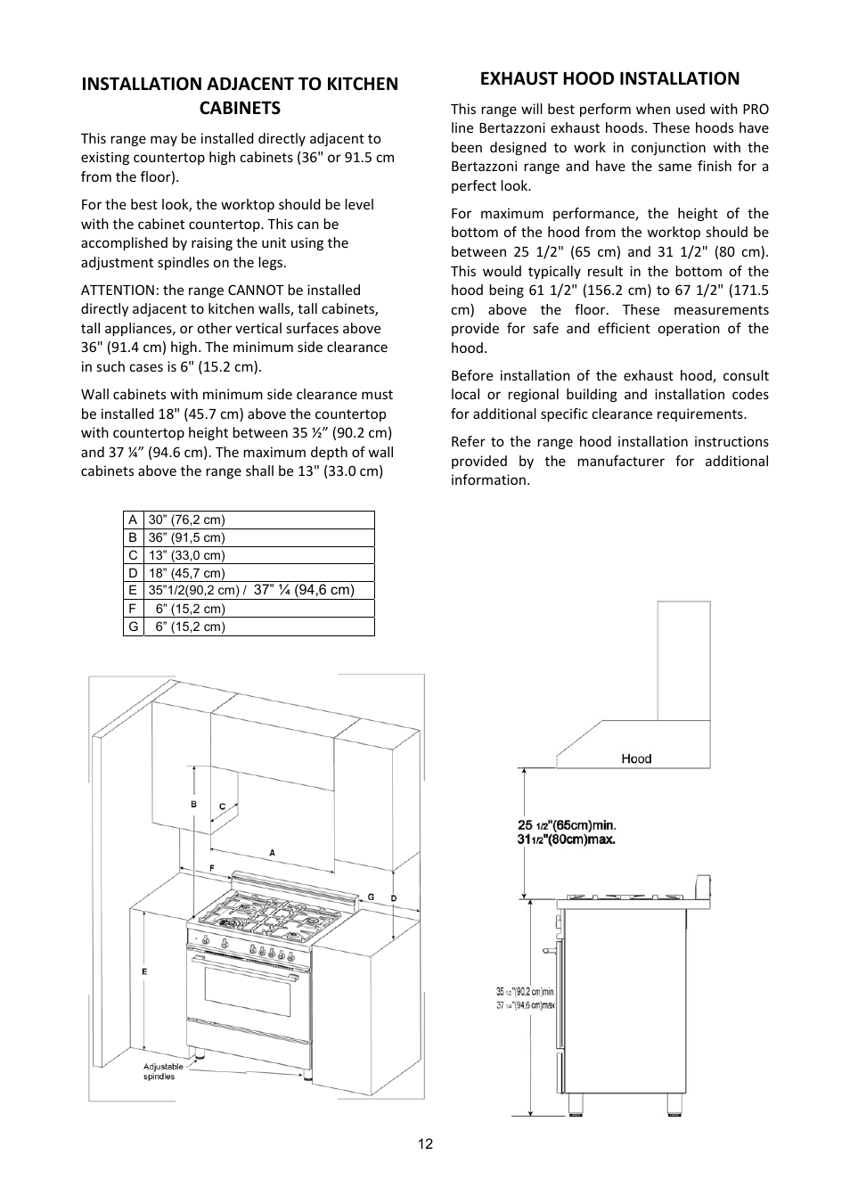 Installation adjacent to kitchen cabinets, Exhaust hood installation | Bertazzoni A304GGVXT/002 User Manual | Page 12 / 46