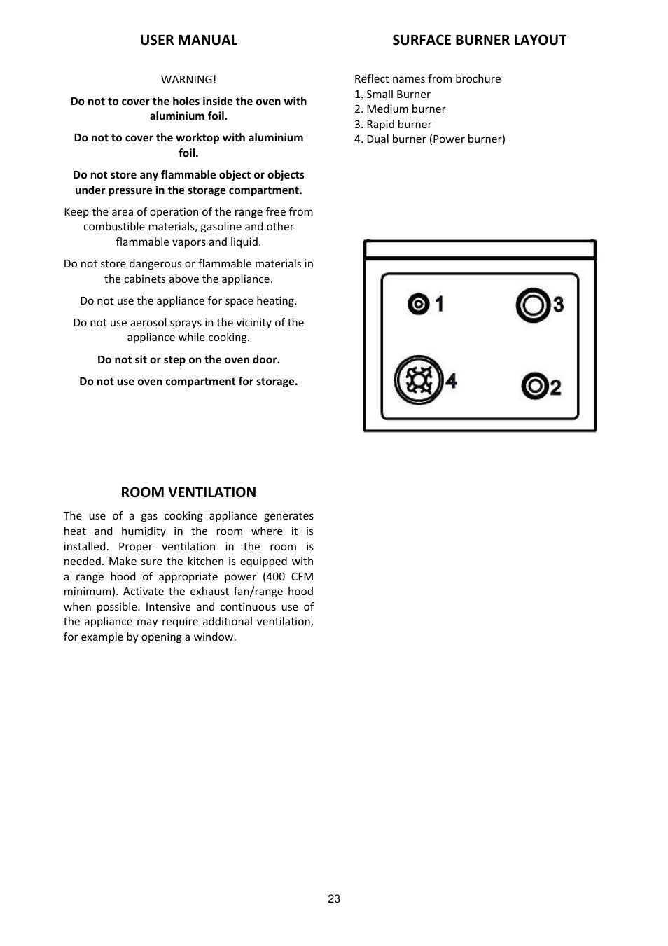 User manual, Room ventilation, Surface burner layout | Bertazzoni A304GGVXT/002 User Manual | Page 23 / 46