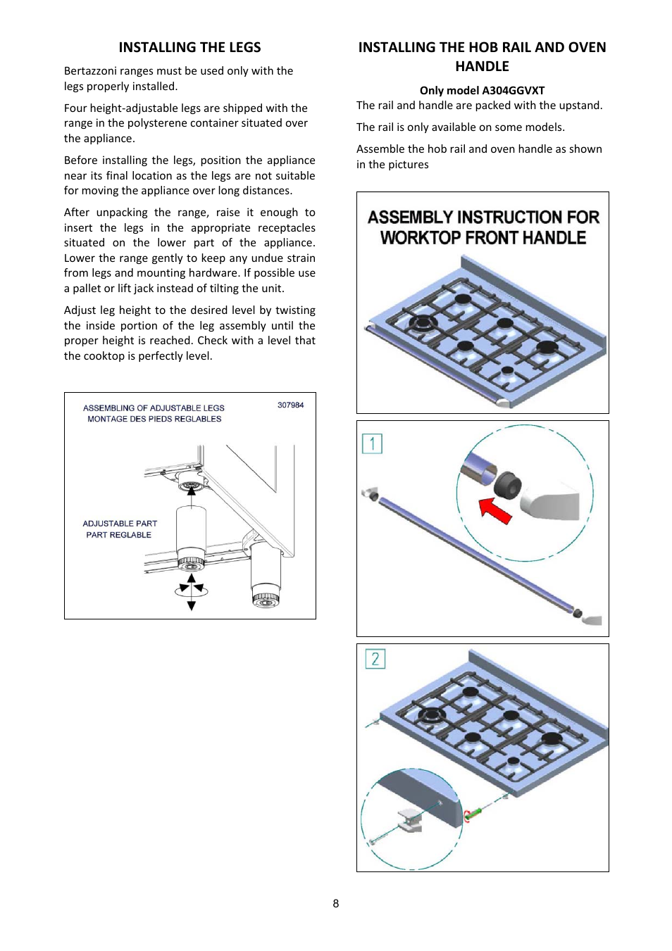 Installing the legs, Installing the hob rail and oven handle | Bertazzoni A304GGVXT/002 User Manual | Page 8 / 46
