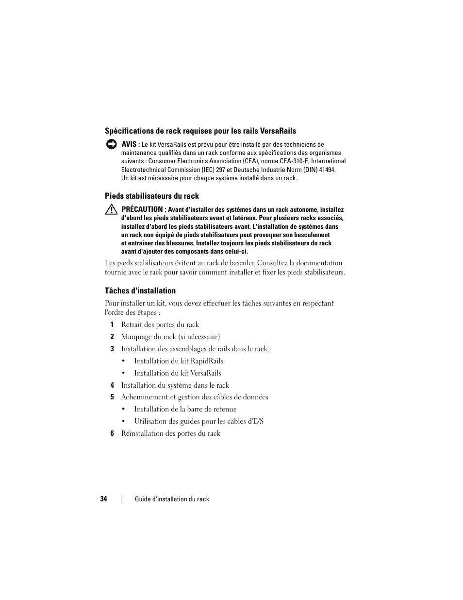 Pieds stabilisateurs du rack, Tâches d'installation | Dell PowerEdge M910 User Manual | Page 36 / 144