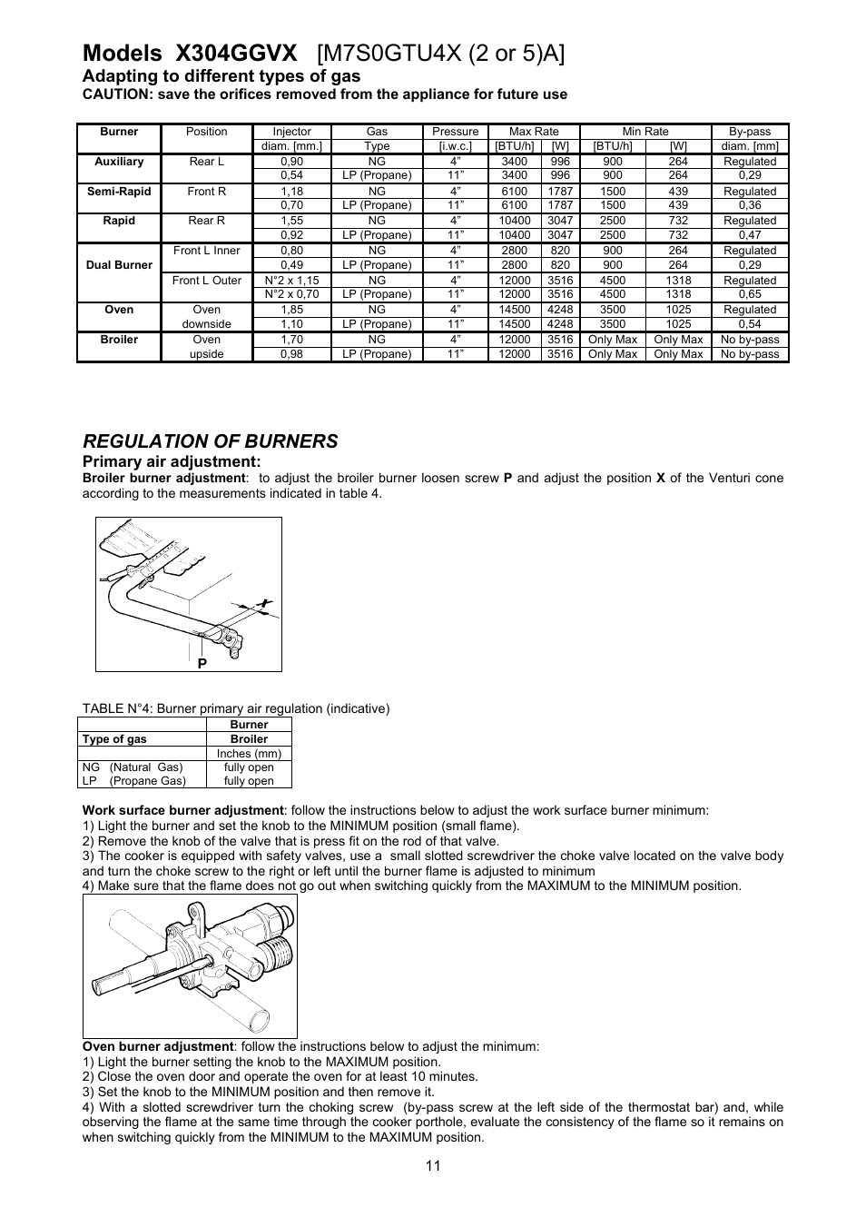Regulation of burners, Adapting to different types of gas, Primary air adjustment | Bertazzoni X304GGVX User Manual | Page 11 / 28