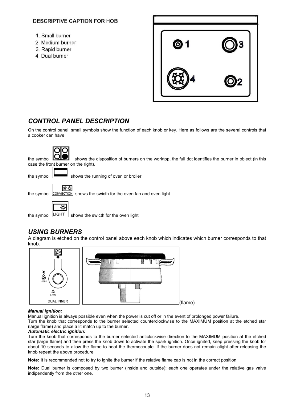 Control panel description, Using burners | Bertazzoni X304GGVX User Manual | Page 13 / 28