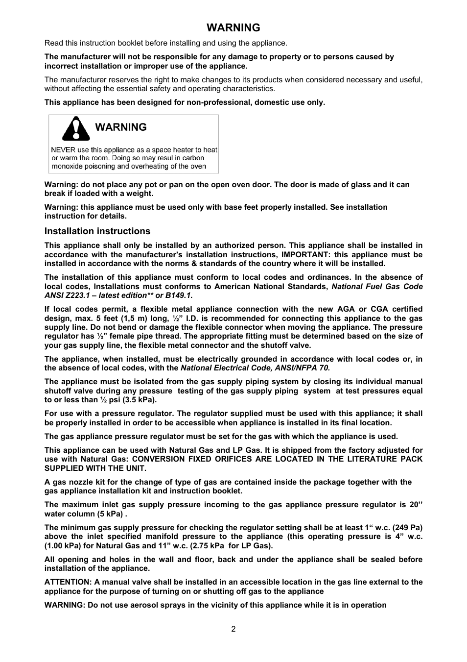 Warning | Bertazzoni X304GGVX User Manual | Page 2 / 28