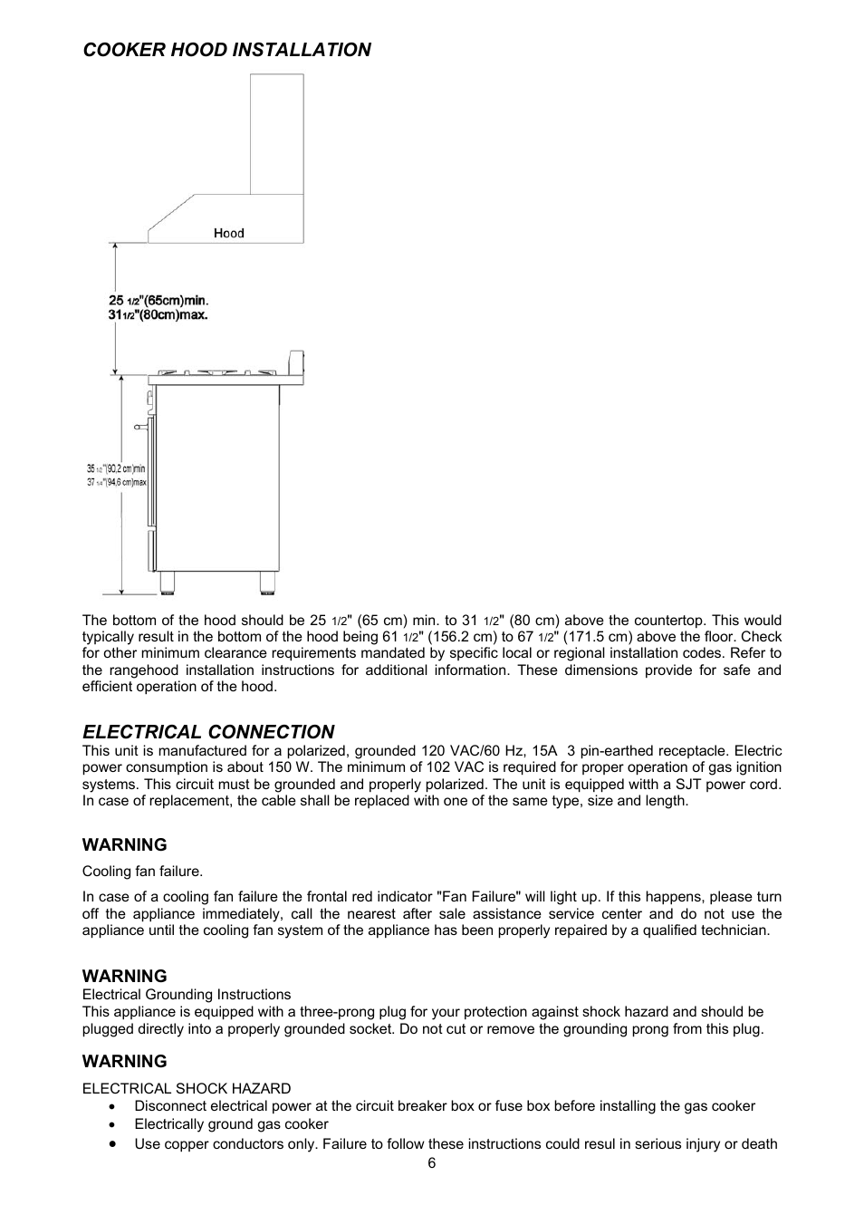Cooker hood installation, Electrical connection | Bertazzoni X304GGVX User Manual | Page 6 / 28