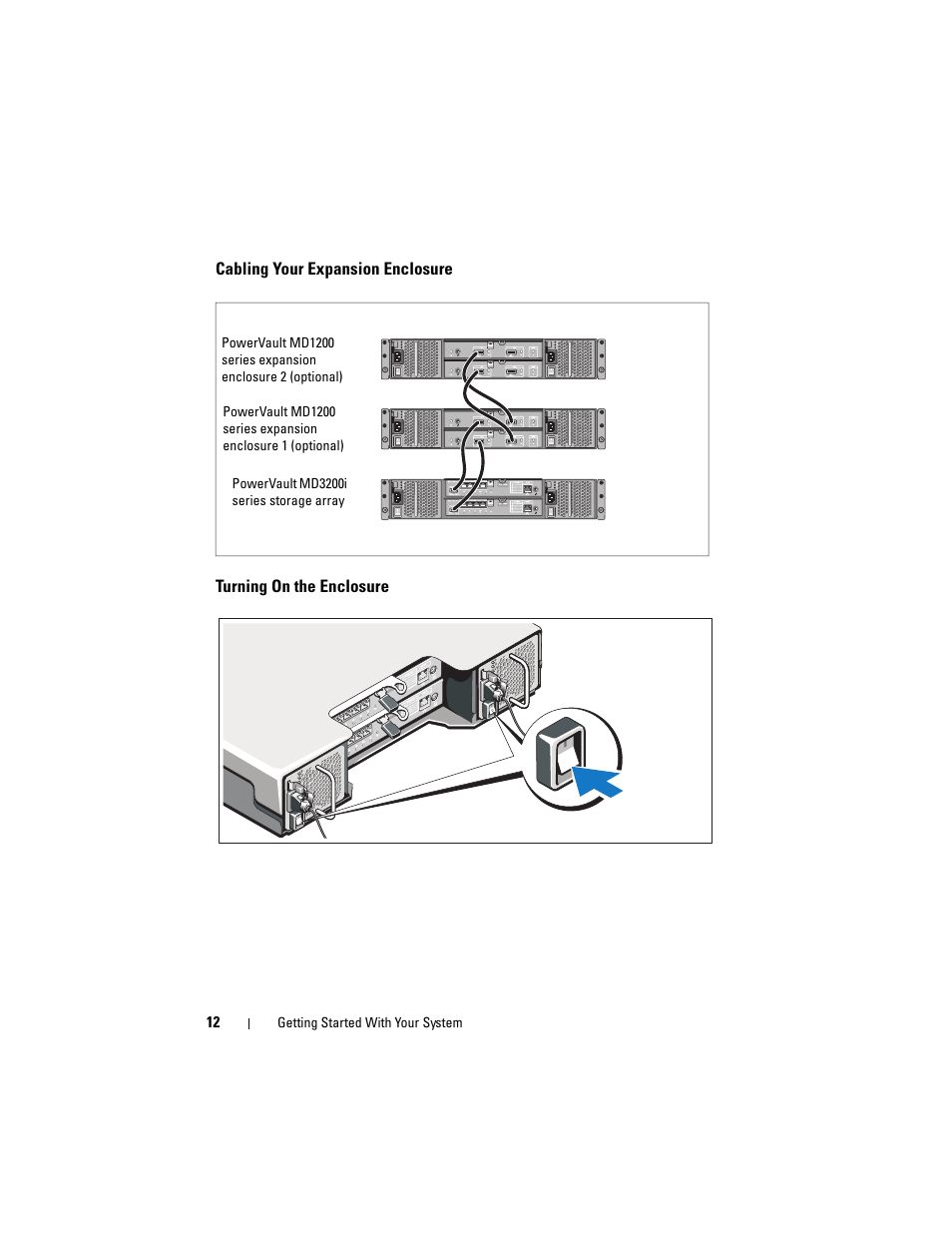 Cabling your expansion enclosure, Turning on the enclosure | Dell PowerVault MD3200i User Manual | Page 14 / 92