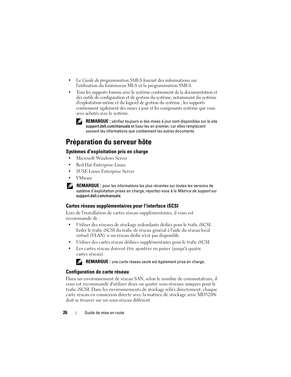 Préparation du serveur hôte, Systèmes d'exploitation pris en charge, Configuration de carte réseau | Dell PowerVault MD3200i User Manual | Page 28 / 92