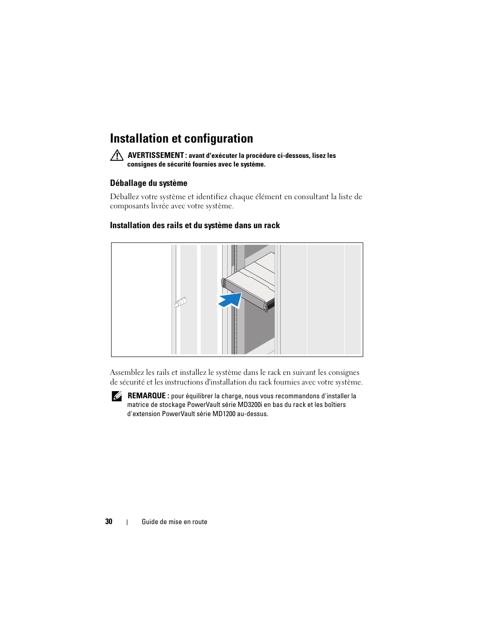 Installation et configuration, Déballage du système, Installation des rails et du système dans un rack | Dell PowerVault MD3200i User Manual | Page 32 / 92