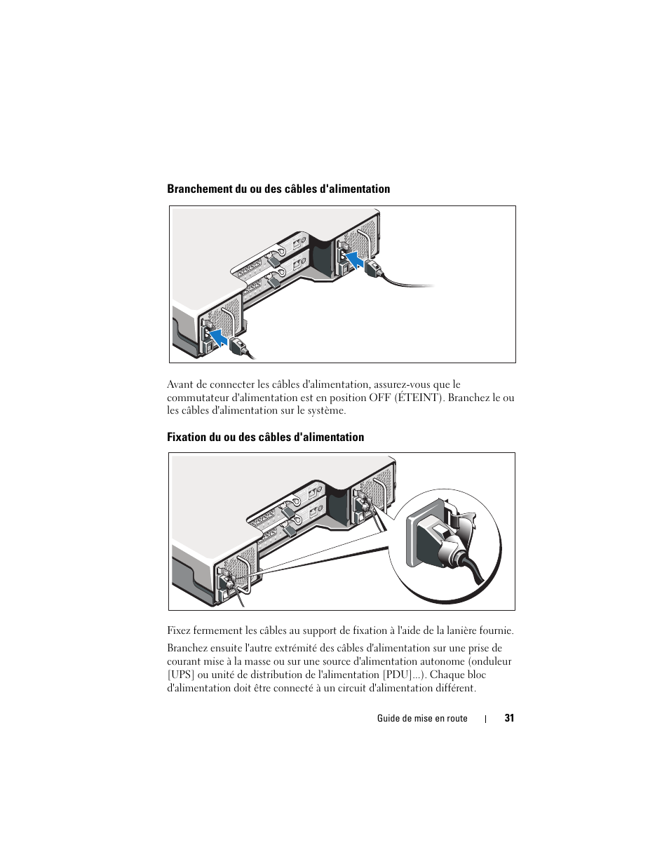 Branchement du ou des câbles d'alimentation, Fixation du ou des câbles d'alimentation | Dell PowerVault MD3200i User Manual | Page 33 / 92