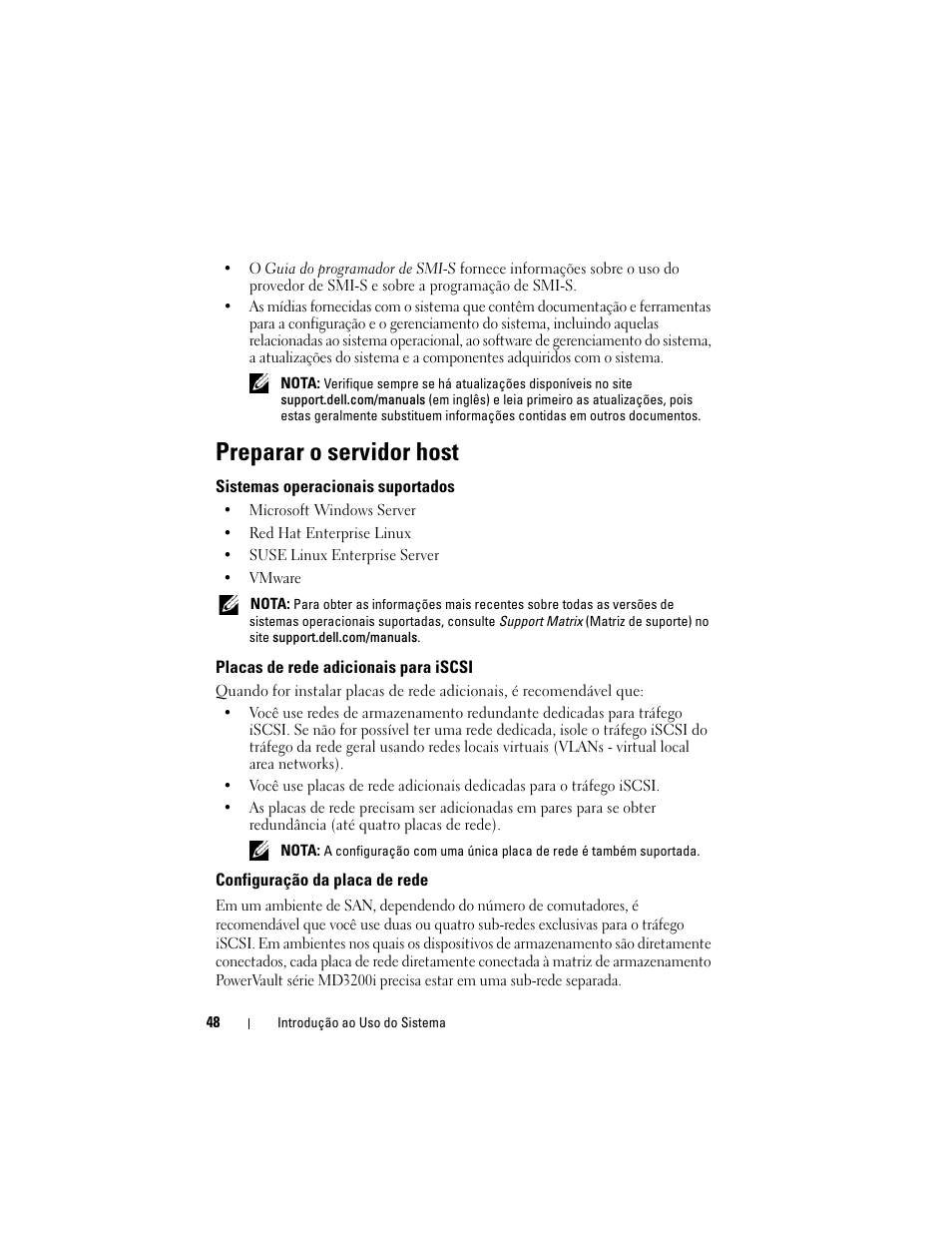 Preparar o servidor host, Sistemas operacionais suportados, Placas de rede adicionais para iscsi | Configuração da placa de rede | Dell PowerVault MD3200i User Manual | Page 50 / 92