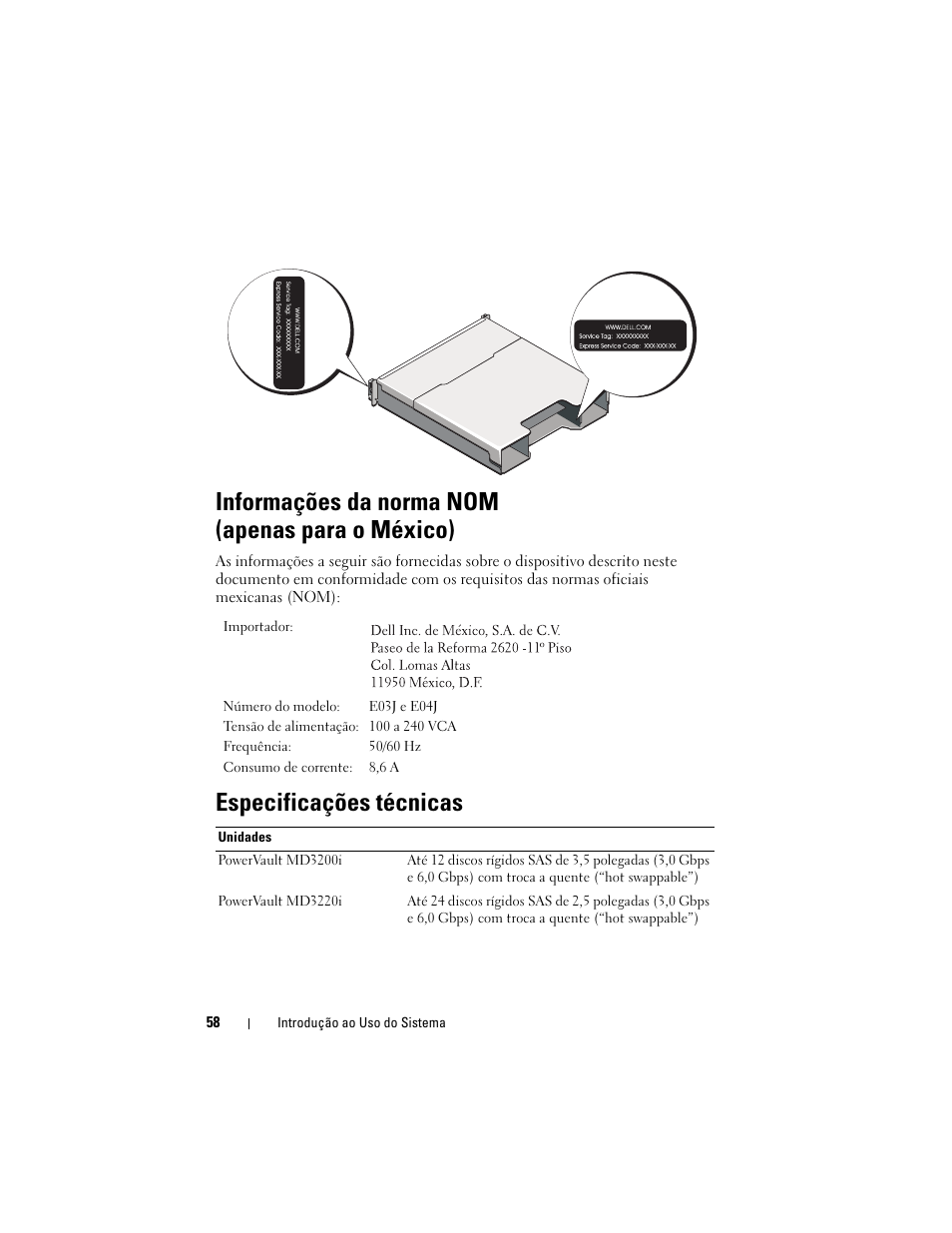 Informações da norma nom (apenas para o méxico), Especificações técnicas | Dell PowerVault MD3200i User Manual | Page 60 / 92